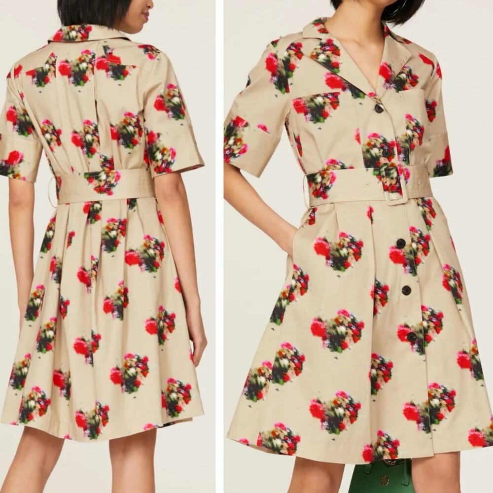 Adam Lippes Shirt Dress w Pockets 8 Tan Cotton Blend Abstract Floral Belted Mini